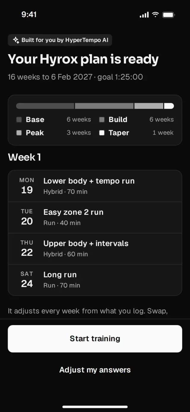 Screen showing a 16-week Hyrox plan