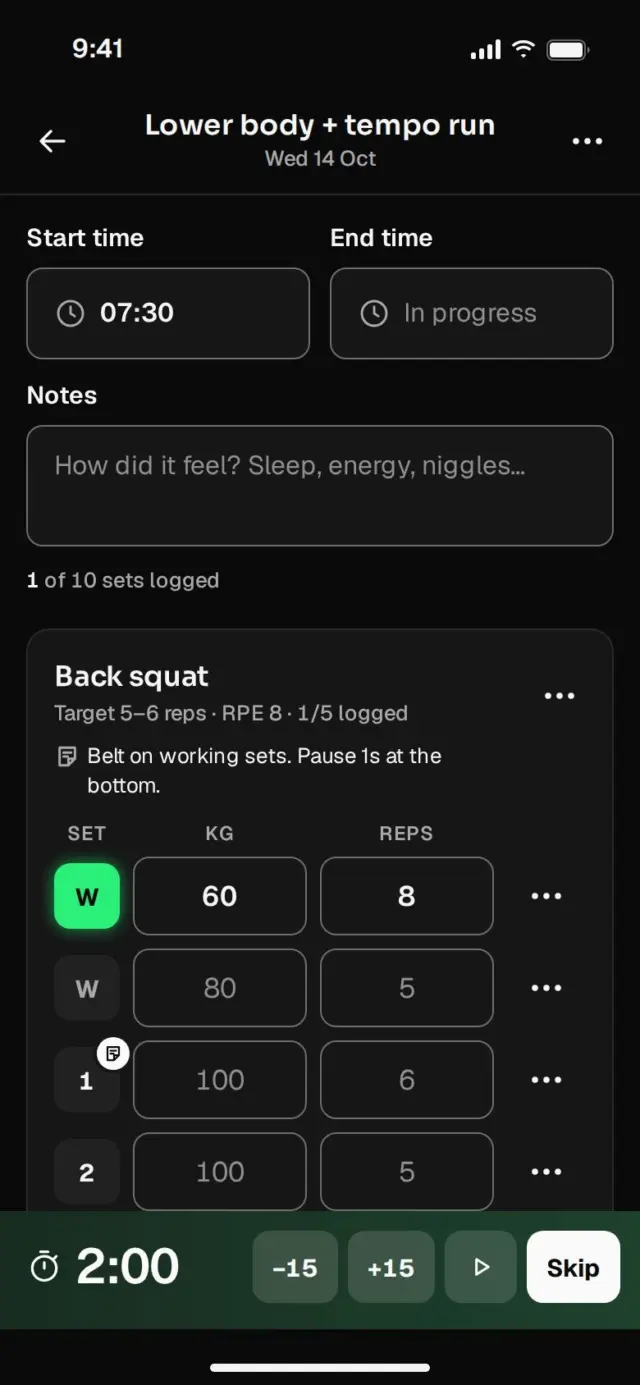 Workout logger with sets, weights and reps