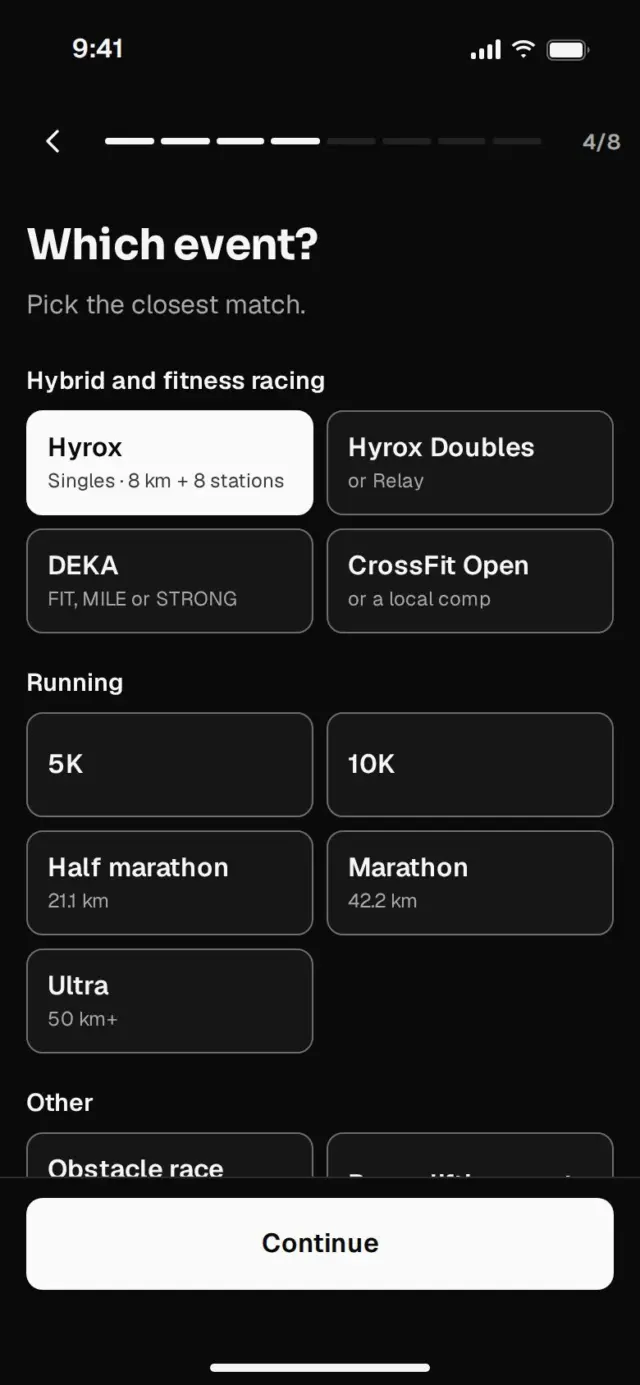 Onboarding screen listing events to train for
